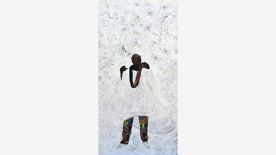 Yrneh Gabon, Garvey Speaks, 2023. Acrylic and mixed media on paper, 84 x 48 in. Courtesy of the artist and Luis De Jesus Los Angeles