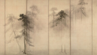 Hasegawa Tōhaku’s Pine Trees (Shōrin-zu byōbu), left-hand screen, a celebrated Japanese ink painting from the late 16th century