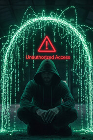 A man surrounded by falling data fragments under an “unauthorised access” alert, representing the fragile boundaries of enterprise security
