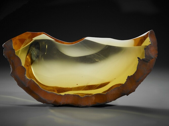 Alex Gabriel Bernstein, Gold half moon, 2023, cast and cut glass, fused steel, 14x24x4 inches