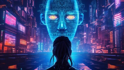 A vivid representation of artificial intelligence as a dynamic fusion of energy and matter, evolving through cycles of transformation in a technologically saturated world