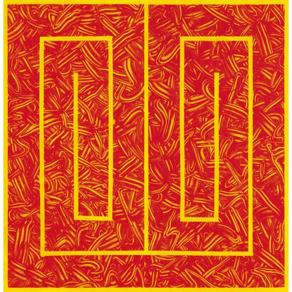 Richard Long, Fingers on Fire, 2014, A two panel carborundum relief printed in Crimson Red ink on Moulin Du Gue 350gsm paper painted in a Cadmium yellow acrylic wash. Overall 248.5 x 242.5 cm, Edition of 7, Courtesy Richard Long and Alan Cristea Gallery, London