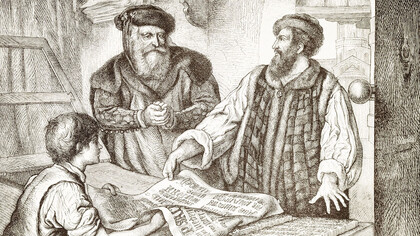 Grabado de Johannes Gutenberg y la imprenta de tipos móviles