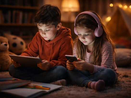 Two young children sit side by side at home, absorbed in their digital devices, reflecting how screens have become a central part of modern childhood and daily development