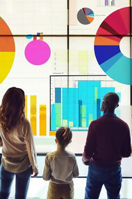 A diverse group of people, including children, engaging with vibrant data visualization charts displayed on a sleek glass wall