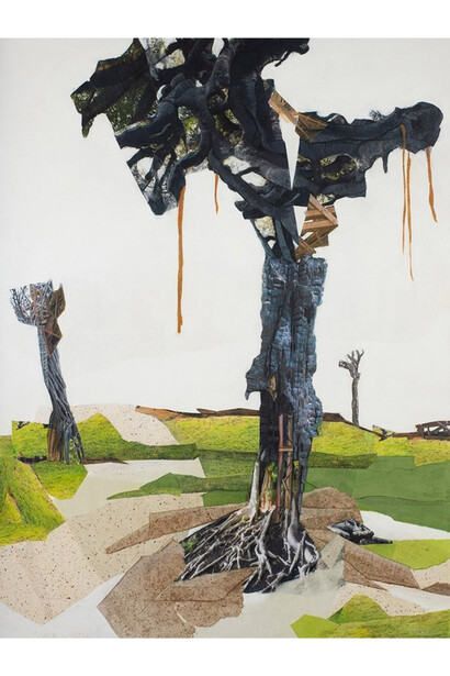 Jennifer Gunlock, Backcountry VII, 2023, mixed media paper collage and drawing on panel, 48×36 inches. Courtesy the artist and Launch LA