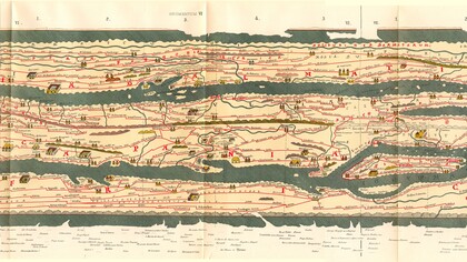 "Tabula Peutingeriana", sezione Campania-Puglia, copia del XII-XIII secolo di un'antica carta romana che riportaa le principali vie dell'Impero