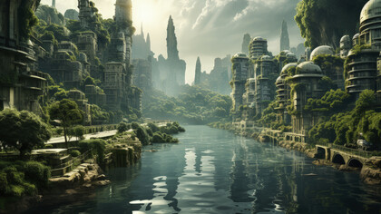 A futuristic cityscape where modern architecture blends seamlessly with abundant greenery and vegetation