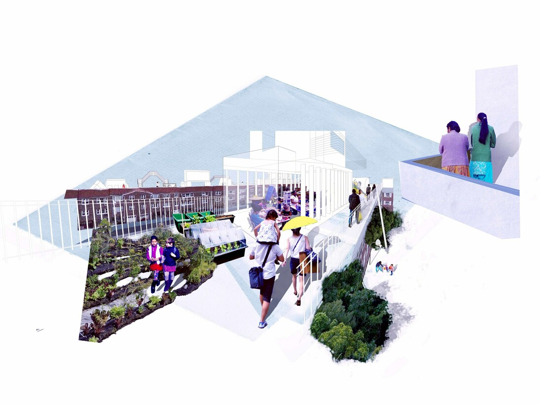 Perspective of a Community Growth Corporation rooftop farm and park, New York City. 2014. Courtesy SITU Studio