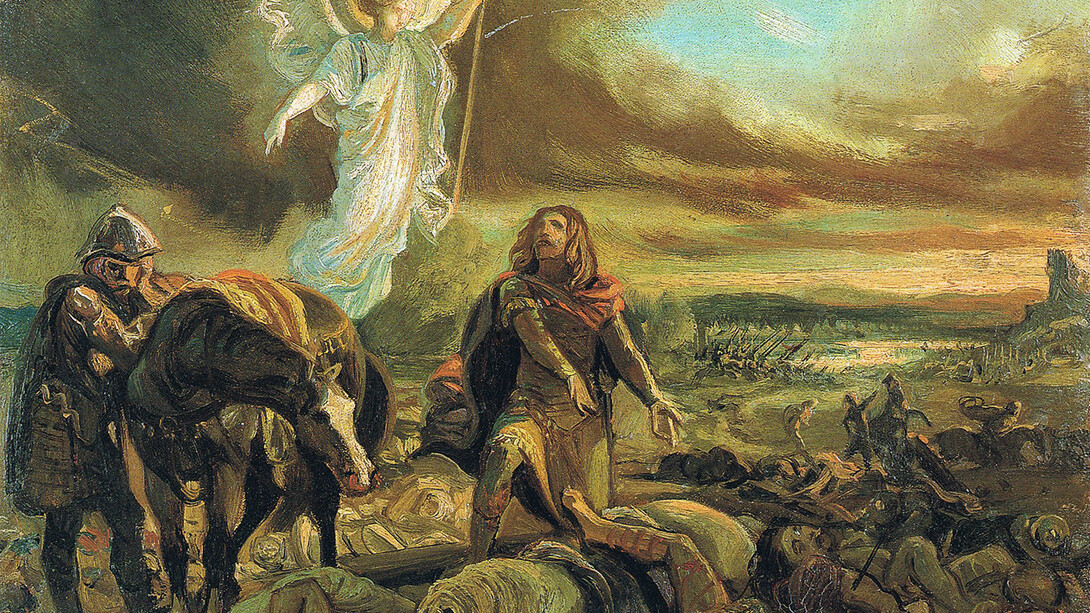Federico de Madrazo y Kuntz (1815–1894)."Don Pelayo reconoce a Don Rodrigo tras la batalla de Guadalete", 1840. La obra representa a Don Pelayo reconociendo el cadáver del rey visigodo Don Rodrigo tras la batalla de Guadalete, en la que el ejército cristiano fue derrotado por los invasores musulmanes.Óleo sobre tela. Colección privada