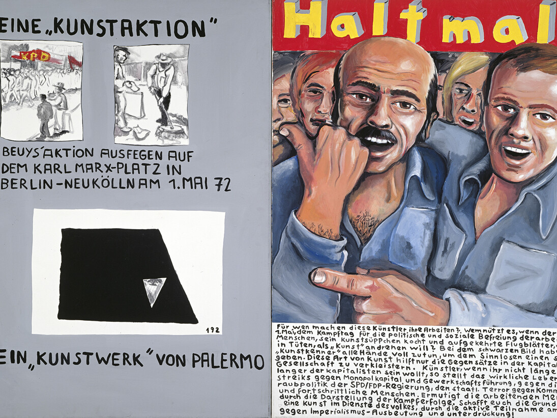 Jörg Immendorff, Eine 'Kunstaktion'-Halt mal!
1973, Acrylique sur toile en 2 parties, 130 x 200 cm, Photo: inconnu – droits réservés © Courtesy of Galerie Michael Werner Märkisch Wilmersdorf, Cologne & New York