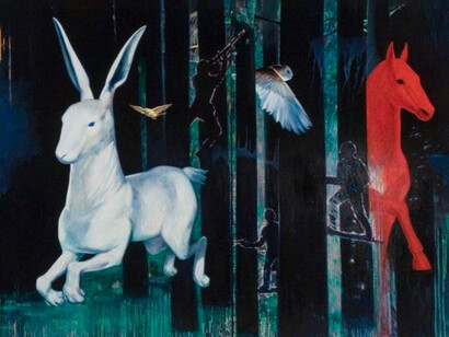 Natacha Ivanova, Dangerous sleeping partners,  2007, huile sur toile (polyptyque) 195 x 500 cm, détail