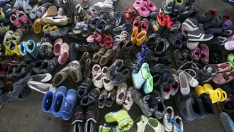 Abandoned children's shoes amid the refugee crisis in Budapest, Hungary, Central Europe, 6 September 2015