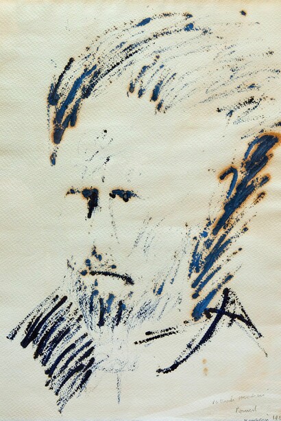 Pier Paolo Pasolini, Ritratto di Ezra Pound, 1967, matite e tempera su cartoncino, courtesy Vanni Ronsisvalle ©