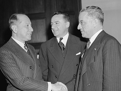 Dr. Cesar D. Andrade, Minister from Ecuador, Eduardo Salazar, Financial Counsel of Ecuador, and Captain Colon Eloy Alfaro, Ambassador of Ecuador, at a commerce conference in the United States, 1939