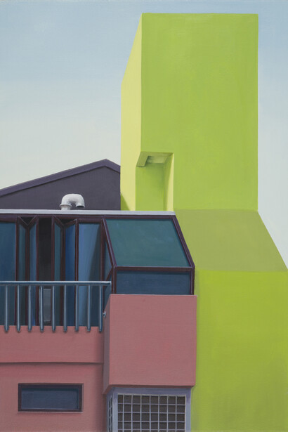 Ingo Baumgarten, Untitled (Green cubic rooftop, Shincheon, Seoul), 2014-15. Oil on canvas, 50 x 60 cm, courtesy of the artist and Hanmi Gallery