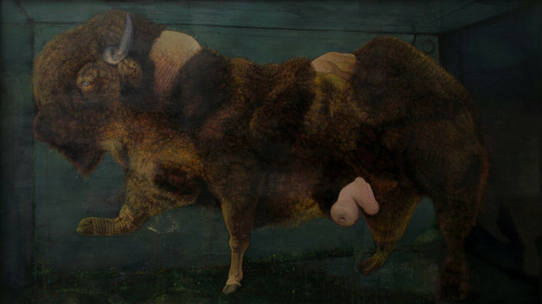 Oscar Giaconia, BHULK (The Bulldoll), 2019, acrilico, ossidi, fiele di bue, taurocolla, gelatina di pesce, brodo di carne, agar, caglio e coagulante liquido su carta lubrificata intelata in teca di nylon, 124 x 219 cm, foto Roberto Ferro. Courtesy the artist and Monitor Rome, Lisbon, Pereto