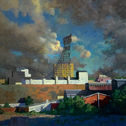 Derek Buckner, Factories, Clearing Storm (detail), 2022, oil on linen, 36x48 inches. Courtesy the artist and Anita Shapolsky Gallery