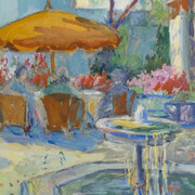 Gertrude Beals Bourne, Fountain with orange umbrella (detail), 1927. Courtesy of Childs Gallery