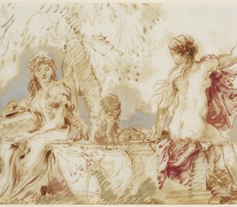 Giovanni Benedetto Castiglione, "Sacred and Profane Love," c. 1635. Coloured oil paints on paper, 21.6 x 29.5 cm. Royal Collection Trust, London.