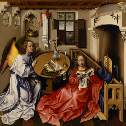 Robert Campin; Tabla de la Anunciación, (Retablo Mérode), c. 1420, The Cloisters, Nueva York