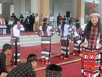 The traditional Cheraw dance performed by the Students of Mizoram University, in Aizawl, Mizoram, India