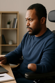 An individual with a disability working intently in a modern, accessible workspace, using adaptive technology to navigate tasks with focus and determination