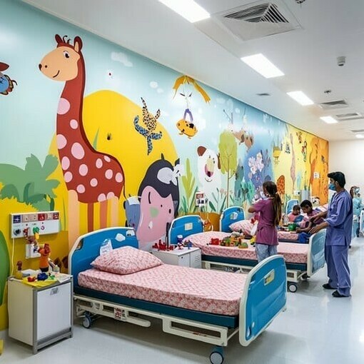 A colorful pediatric ward with vibrant balloons and cheerful wall art creates a welcoming environment for young patients, reflecting family-friendly design
