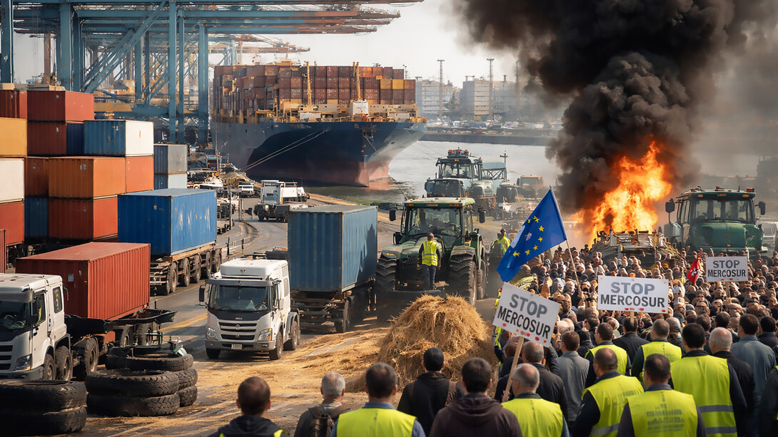 Crowds of farmers gather near a major shipping port as cargo vessels and stacked containers loom in the background, reflecting the growing tensions between global trade expansion and domestic agricultural concerns