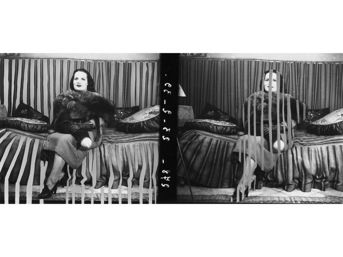 Yesmine Ben Khelil, Une femme, un tigre et une cage (I) 2015, Mixed media, 12h x 27w cm, Vintage image sourced from Beit el Bennani, courtesy of the artist and Selma Feriani Gallery