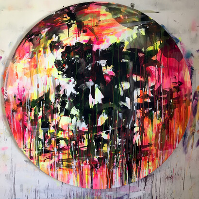Mr Jago, This Blasted Earth, acrylic and spray paint on canvas, 150 cm tondo, Courtesy the artist and Unit London