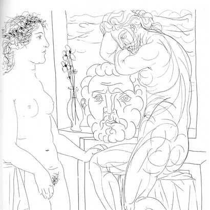 Suite Vollard, 52: Modelo desnuda y esculturas