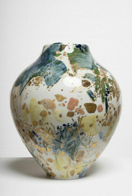 Vase No. 55, 2008, porcelain, hand painted by the artist with highlights in gold, unique, 14 x 11 x 11 inches