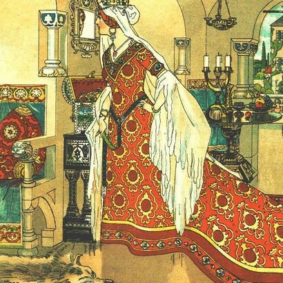 Franz Jüttner (1865–1926), illustrazione da Sneewittchen (Biancaneve in tedesco), Scholz' Künstler-Bilderbücher, Mainz, tra il 1905 e il 1910