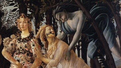 Sandro Botticelli, "Primavera", dettaglio: Flora, la ninfa Clori e Zefiro, 1482, Uffizi, Firenze, Italia