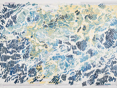 Martin Machado, Hokkaido Japan, Wake Series (detail), 2023. Oil on the ship's nautical chart, 29 x 41 in, 73.7 x 104.1 cm. Courtesy of Eleanor Harwood Gallery