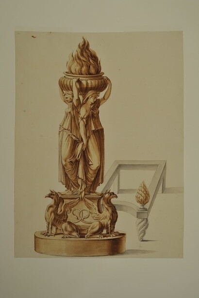 Valadier, Alare in bronzo dorato con ippogrifi e cariatidi, penna, inchiostro, acquarello su carta