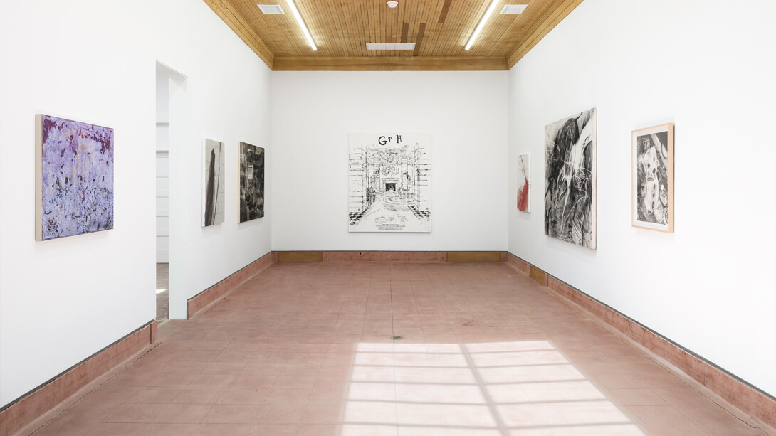 Hat Trick, curated by Vin Thorpe, installation view at Rusha & Co., Los Angeles, 2023. Courtesy of the artists and Rusha & Co., Los Angeles