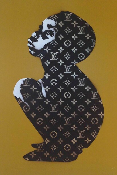Beejoir, LV Child, Mustard Yellow Canvas, Acrylic/Spraypaint Stencil on Canvas, Unique, Signed, 30 x 20 inches, 2006