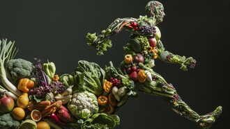 A running figure composed entirely of colorful fruits and vegetables symbolizing the vital connection between healthy eating and athletic performance
