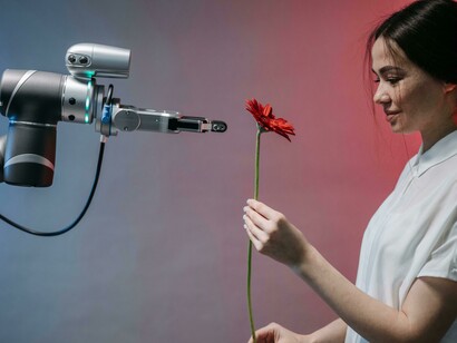 A robot extends a single flower toward a woman in a white T-shirt, bridging the gap between metal and humanity