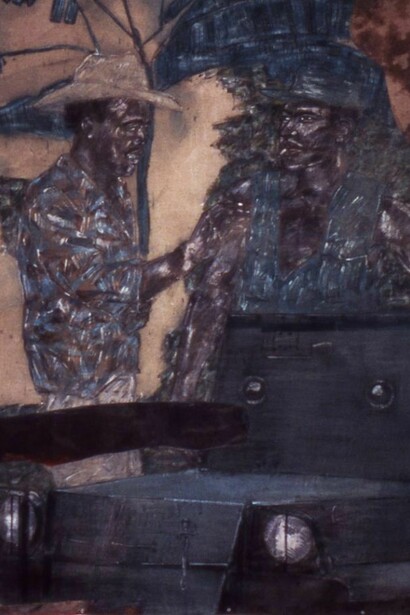 Leon Golub, Mercenaries II (Section IV), 1975, acrylic on linen, 193 x 183 cm, Copyright the artist, courtesy the Estate of Leon Golub and Anthony Reynolds Gallery, London