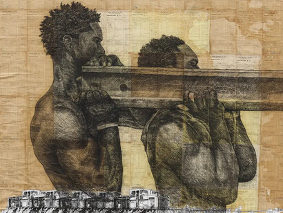 Ibrahim Mahama, Nipa behwe yie na efi dee wahu (Forewarned is forearmed), 2023–24. Courtesy of White Cube Gallery