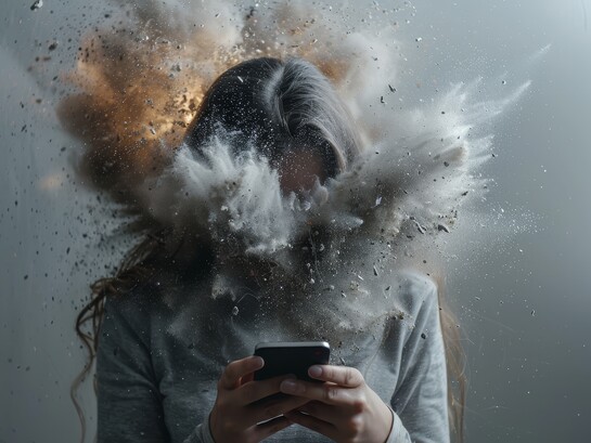 A person suffering from cybersickness and technology addiction, experiencing brain fog and mental exhaustion