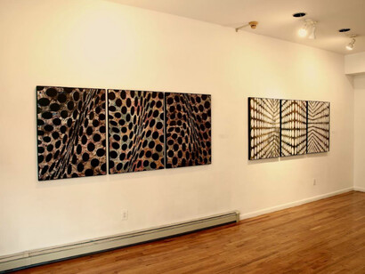 Exploring Conceptual Possibilities, 2023, installation view: Algernon Miller, on left, “ Teleportation 1,2,3”, on right
“Communciation 1,2,3”. Photo by Christian Carone. Courtesy of Wilmer Jennings Gallery at Kenkeleba