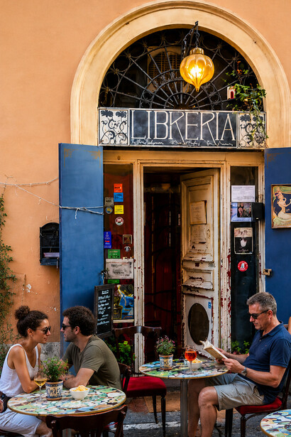 People spending time in a trendy bookshop in the charming alleyways of Rione Monti in the heart of Rome, Ital
