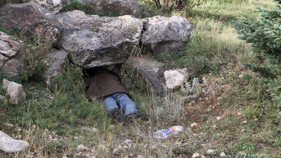 A person stuck all the way to their legs into a bear den