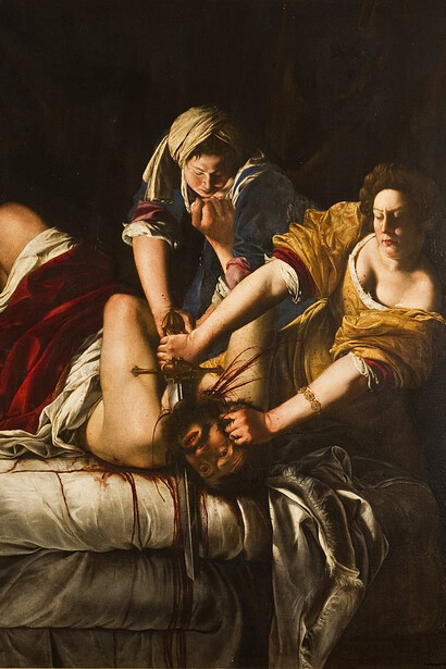 Caravaggio's Judith Beheading Holofernes, also known as Giuditta e Oloferne in Italian, was painted around 1607. This religious artwork, executed in oil on canvas, measures 144 cm in height and 173.5 cm in width. It depicts the biblical scene of Judith and Holofernes and is currently held in a private collection
