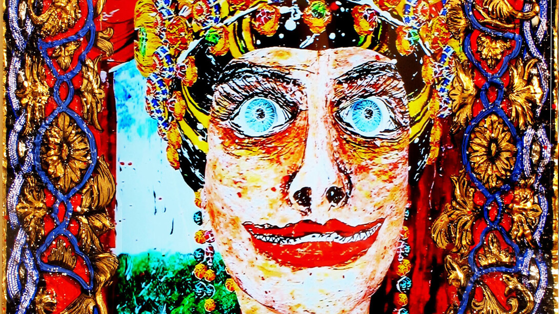 The Gift Of God, (Empress Hagios Theodora - Byzantium), 2015, acrylic, gold leaf, mixed media with LCD screen and video, leaf, mixed media with LCD screen and video. 24 x 16 inches