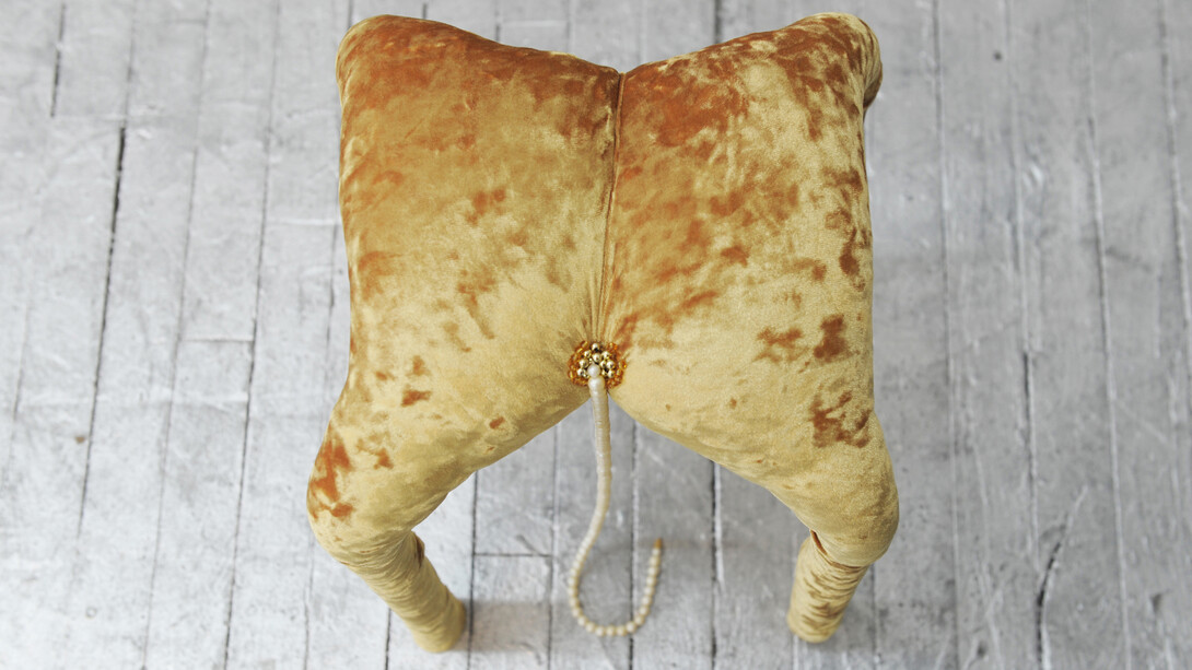 Patton.JPG   Stool (re-sampled), 12 x 12 x 20 inches, velvet, pearls, and beads, 2018
